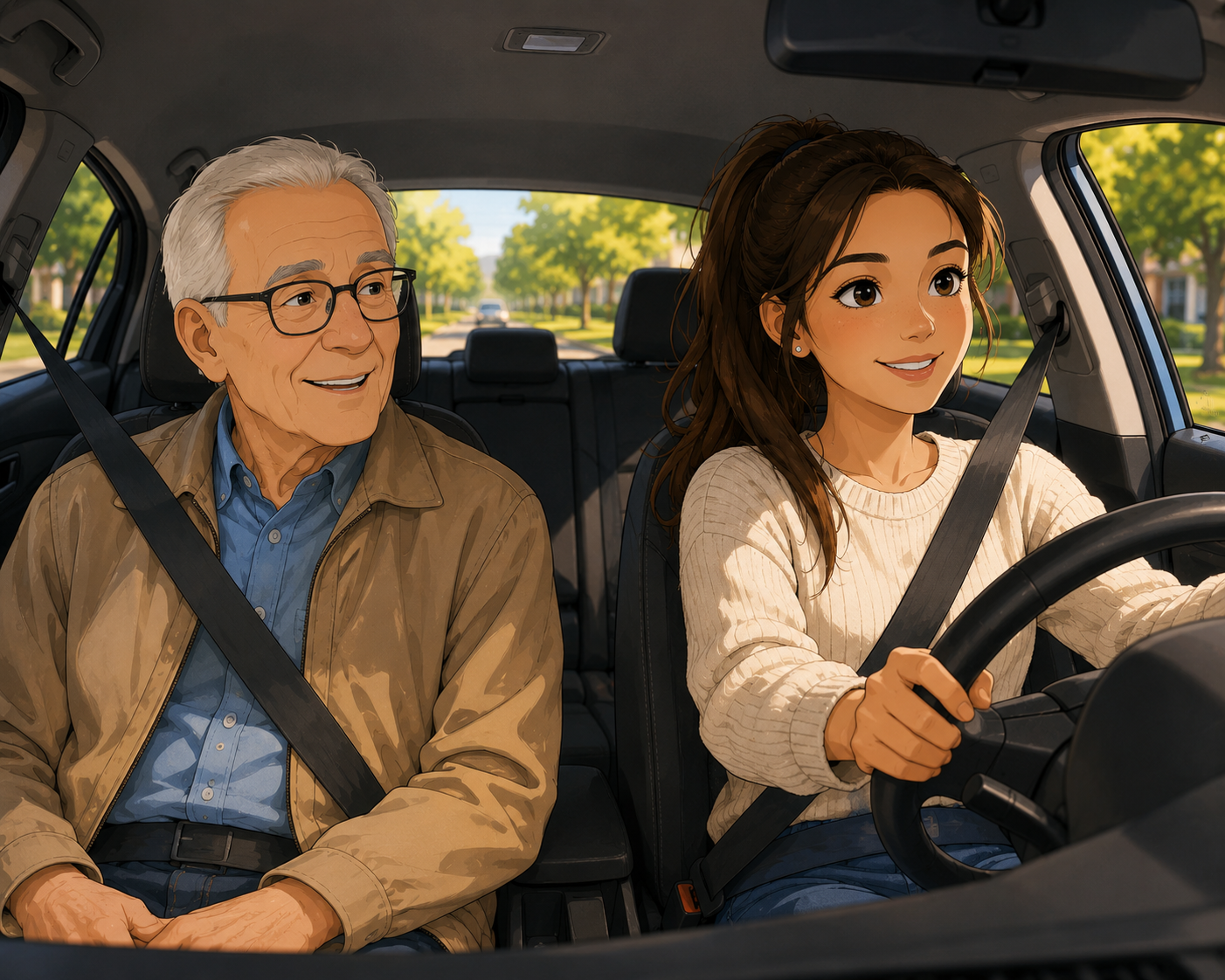 Young woman student driver with elderly man passenger